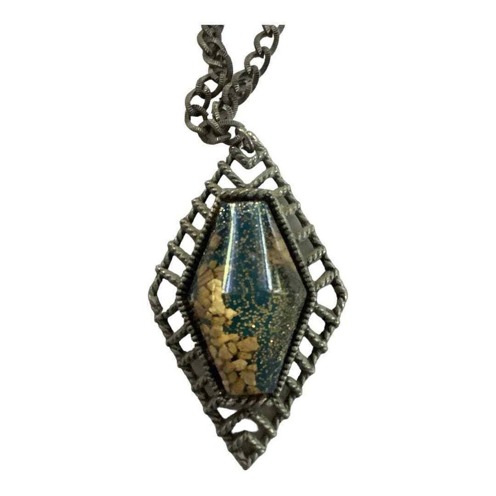 Vintage Silvertone Necklace Resin Gold Flakes Turquoise 24" Chain‎